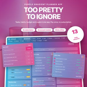Purple Gradient Planner App | Tasks, Habits, Budget, Meals (Offline Digital Download)