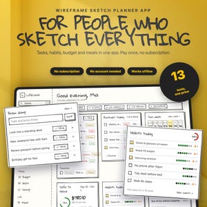 Hand-Drawn Wireframe Planner App | Tasks, Budget, Habits (Offline Digital Download)