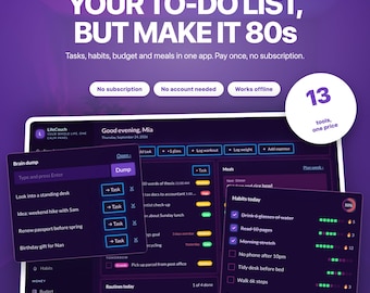 Synthwave-Planer-App | Neon-Retro-80er-Jahre-Aufgaben, Gewohnheiten, Budget (Offline-Download)