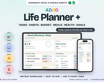 ADHS-Lebensplaner für Google Sheets & Excel, Tagesaufgaben, Budget, Gewohnheiten (Digitaler Download)