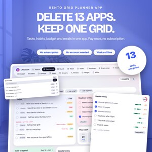 Bento Grid Life Planner App | Tasks, Habits, Budget, Meals (Offline Digital Download)