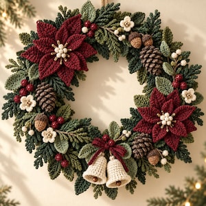 May include: A circular holiday wreath crafted from crocheted elements, featuring deep red poinsettia flowers, green foliage, brown pinecones, small acorns, white blossoms, red berries, and two cream-colored crocheted bells tied with a red ribbon.