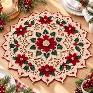 May include: A round, cream-colored crocheted doily featuring a central red poinsettia motif surrounded by smaller red poinsettias and green holly leaves. The scalloped edge is accented with small gold beads and red star-shaped embroidery.