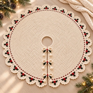 May include: A circular cream-colored crocheted tree skirt featuring a scalloped edge with a repeating pattern of dark green holly leaves and bright red berries. The center has a circular opening and three cream bows with small pom-pom ends.