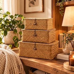 May include: A set of three rectangular woven storage baskets stacked vertically. Each basket features a natural tan color, a flat lid, and a single dark brown wooden toggle closure secured with a black elastic loop centered on the front.