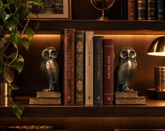 May include: Two bronze-colored owl bookends, each perched on a stack of two books, support a row of five hardcover books. The books are titled The Kinfolk Home, The Kinfolk, At Home, The Lost Symbol, and Dan Brown, arranged on a dark wooden shelf.