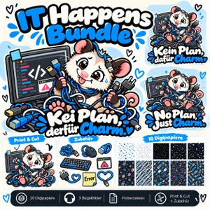 Paquete IT Happens – Paquete digital Opossum IT, archivos para plotter, papel digital, impresión y corte, De/Dialect/En