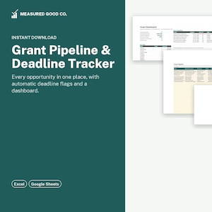 May include: A digital Grant Pipeline & Deadline Tracker spreadsheet template for Excel and Google Sheets. The dark green interface displays text including Measured Good Co., Instant Download, and a 12-month deadline calendar dashboard.