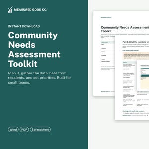 May include: A digital Community Needs Assessment Toolkit document set featuring white pages with black text, charts, and tables. The layout includes headers, data collection sections, and a spreadsheet preview. The branding includes Measured Good Co.