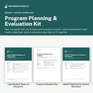 Op de afbeelding: Een digitaal pakket getiteld Program Planning & Evaluation Kit van Measured Good Co. met vier documenten: Logic Model & Theory of Change Kit, Program Evaluation Plan Template, SMART Objectives & Indicator Worksheet en Community Needs Assessment Toolkit.
