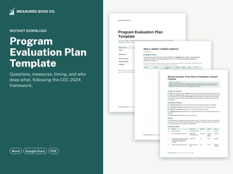 May include: A digital Program Evaluation Plan Template document featuring a dark green background with white text. The document includes sections for questions, measures, and timing, following the CDC 2024 framework. Available in Word, Google Docs, and PDF formats.