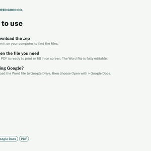 May include: An instructional graphic titled Easy to use by Measured Good Co. It lists three steps: 1. Download the .zip, 2. Open the file you need, and 3. Using Google? with instructions for each. At the bottom, it lists Opens in: Word, Google Docs, PDF.
