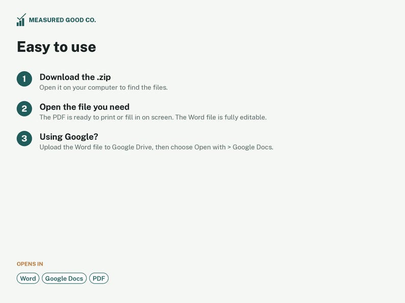 May include: An instructional graphic titled Easy to use by Measured Good Co. It lists three steps: 1. Download the .zip, 2. Open the file you need, and 3. Using Google? with instructions for each. At the bottom, it lists Opens in: Word, Google Docs, PDF.
