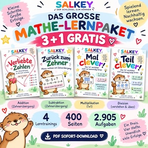 May include: A digital educational math learning bundle titled SALKEY DAS GROSSE MATHE-LERNPAKET 3+1 GRATIS. It includes four workbooks featuring otter illustrations, covering addition, subtraction, multiplication, and division with 400 pages and 2,905 tasks.