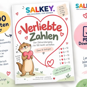 Könnte beinhalten: Ein Buchcover mit dem Titel Verliebte Zahlen, das einen Otter im Cartoon-Stil zeigt, der ein rosa Herz hält. Das Design umfasst eine große rote Herz-Kontur, mathematische Gleichungen, die zehn ergeben, und deutschen Text.