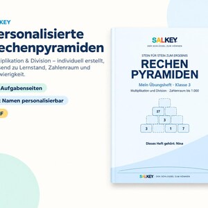 May include: A white workbook titled SALKEY Personalisierte Rechenpyramiden featuring multiplication and division exercises for third grade. The cover displays a pyramid math puzzle, the text Mein Übungsheft - Klasse 3, and the name Nina.