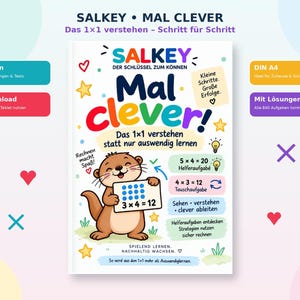 Op de afbeelding: Een wit educatief werkboek getiteld SALKEY MAL CLEVER met een cartoonotter die een bord vasthoudt met 3x4=12. De kaft bevat kleurrijke tekst, sterren, hartjes en wiskundige voorbeelden zoals 5x4=20 en 4x3=12. Het ontwerp is helder met diverse iconen en instructieve Duitse tekst.