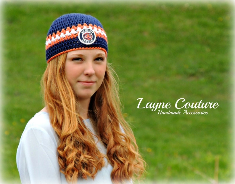Woman/'s Tigers Inspired Handmade Crochet Beanie Hat With Patch 1960 Vintage Patch Major League Baseball