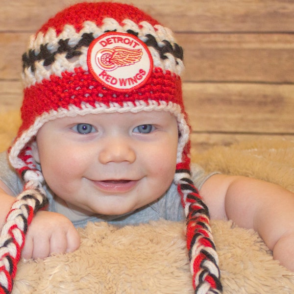 Handmade Newborn Red Wings Inspired Baby Earflap Crochet Hat / Hockey Baby / Photo Prop / Custom Made