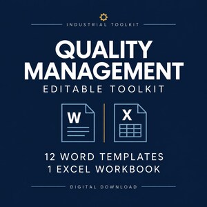 Op de afbeelding: Een donkerblauwe digitale downloadafbeelding voor een Industrial Toolkit. De tekst luidt Quality Management Editable Toolkit, 12 Word Templates, 1 Excel Workbook en Digital Download. Pictogrammen voor Word- en Excel-bestanden zijn zichtbaar.