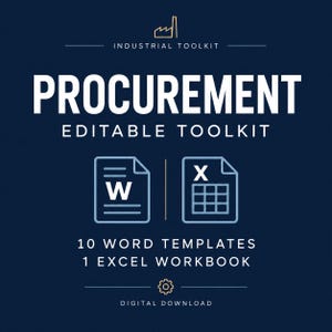 Op de afbeelding: Een donkerblauwe digitale downloadafbeelding voor een Industrial Toolkit. De tekst luidt: PROCUREMENT EDITABLE TOOLKIT, 10 WORD TEMPLATES, 1 EXCEL WORKBOOK, DIGITAL DOWNLOAD. Pictogrammen van een Word-document en een Excel-werkblad staan centraal.