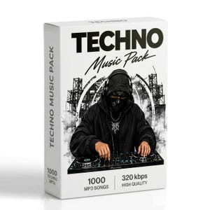 May include: A white rectangular box labelled Techno Music Pack featuring a graphic of a hooded figure wearing headphones and a mask while operating a DJ controller. The packaging includes text stating 1000 MP3 songs and 320 kbps high quality.