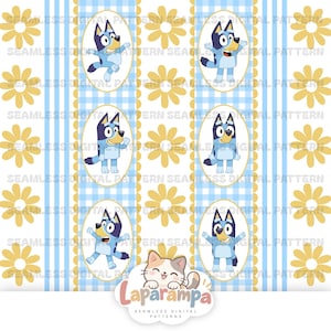 May include: A seamless digital pattern featuring a light blue and white gingham background with vertical stripes of yellow daisies. The design includes repeating oval frames containing a blue cartoon dog character in various poses. Text reads Laparampa.