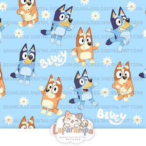May include: A seamless digital pattern on a light blue background featuring repeating illustrations of Bluey and Bingo characters interspersed with white daisy flowers and the text Bluey, with a logo at the bottom reading Laparampa.