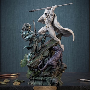 Alien Hunter vs Panther Warrior Diorama STL-fil | Episk superhjältestrid 3D-modell | Högdetaljig sci-fi-staty