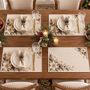 Julbordsunderlägg med 4 eller 6 st, Elfenbensfärgade julstjärnebordsunderlägg, Elegant julbordsdekoration, Vintage guldfärgad snöflinga vinterbordsdukning