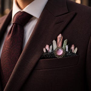 May include: A dark brown textured blazer with a white collared shirt and a matching dark brown patterned tie. A pocket square accessory features an arrangement of various raw crystals in pink, clear, and black, centered with a pink cabochon.