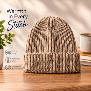 May include: A beige knit beanie with a ribbed texture and a folded cuff. The image includes the text "Warmth in Every Stitch" along with icons and labels for "Soft & Cozy," "Keeps You Warm," and "Lightweight & Comfortable."