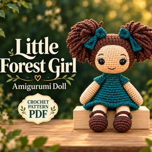 May include: A crocheted amigurumi doll with brown yarn hair in pigtails, teal bows, and a teal dress. The text reads Little Forest Girl Amigurumi Doll and Crochet Pattern PDF. The doll has black eyes and sits on a light wooden block.