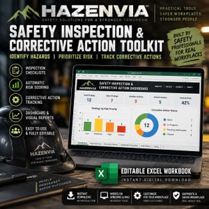May include: A digital safety inspection and corrective action toolkit displayed on a laptop screen, featuring an Excel dashboard with risk charts, inspection checklists, and tracking tools, accompanied by a black hard hat with a logo.