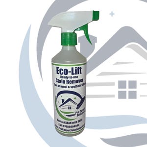 May include: A clear plastic spray bottle with a white and green trigger nozzle. The label reads Eco-Lift Ready-to-use Stain Remover, Safe on wool & synthetic fibres, Pro Carpet Solutions, Book a CLEAN with DEAN, Call 07480804944, www.ProCarpetSolutions.co.uk.