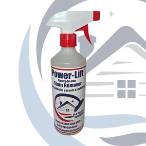 May include: A clear plastic spray bottle with a white and red trigger nozzle. The label reads Power-Lift Ready-to-use Stain Remover for synthetic carpets & upholstery, Pro Carpet Solutions, Book a CLEAN with DEAN, Call 07480804944, www.ProCarpetSolutions.co.uk.