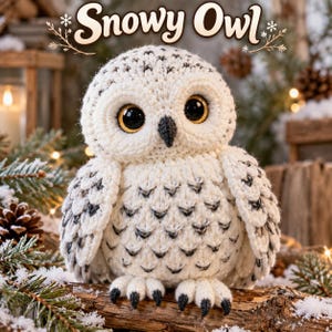 Pode incluir: Um peluche de coruja-das-neves feito em croché com fio branco, manchas cinzentas escuras e grandes olhos pretos. O texto Snowy Owl está impresso numa fonte decorativa acima da coruja. A coruja tem um bico e garras cinzentas escuras.