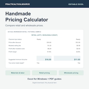 May include: A digital Handmade Pricing Calculator spreadsheet for Excel. The interface displays retail and wholesale price comparisons, including fields for price after discount, selling fees, profit, and profit margins, with a section for suggested minimum list prices.