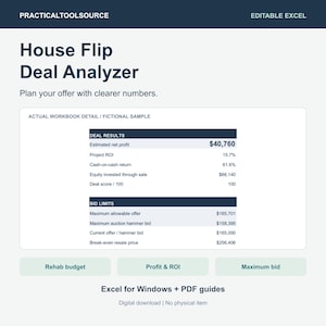 May include: A digital House Flip Deal Analyzer spreadsheet for Excel, featuring sections for Deal Results and Bid Limits. The interface displays financial metrics like estimated net profit, project ROI, and maximum allowable offer in a clean layout.