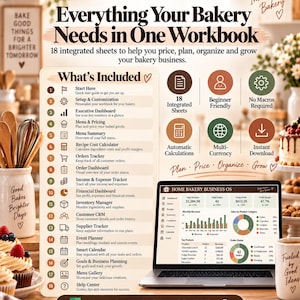 Peut inclure: Un classeur numérique intitulé Home Bakery Business OS comprenant 18 feuilles intégrées pour la gestion d'une boulangerie. L'image présente une liste d'outils incluant des calculateurs de coûts, des suivis de commandes et un tableau de bord financier.