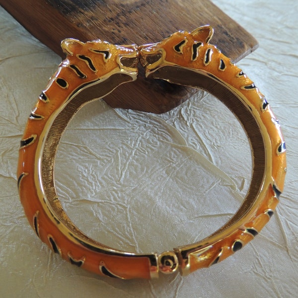 TIGER HEADS Double Roaring Tigers Clamper Hinged Bracelet, Orange and Black Enamel, Safari, Vintage Style, Gold Tone...offered by TLCcharms
