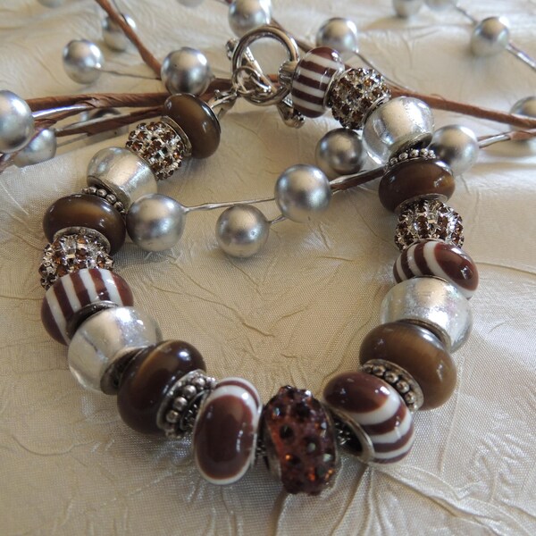 LUXURIOUS CHOCOLATE...Silver Charm Bracelet with Brown Crystals and Murano Glass Beads...by TLCcharms