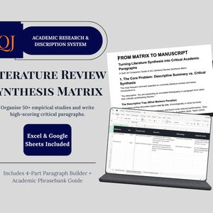 May include: A digital literature review synthesis matrix tool featuring a dark blue logo with the letters QJ, the text Academic Research & Discription System, and a spreadsheet interface. It includes a guide titled From Matrix to Manuscript.