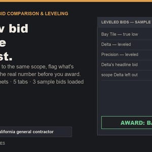 May include: A digital template for subcontractor bid comparison and leveling featuring the text The low bid isn't the low cost. It includes a table titled Leveled Bids - Sample Tile Bid with numerical data and a button labeled AWARD: BAY TILE.