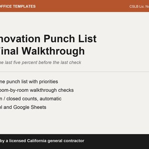 May include: A digital template document titled Renovation Punch List & Final Walkthrough with the subtitle Close the last five percent before the last check. It lists features including a 60-line punch list, 30 room-by-room checks, and compatibility with Excel and Google Sheets.