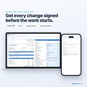 Peut inclure: Un formulaire de demande de modification pour entrepreneur affiché sur un écran d'ordinateur portable et de smartphone. Le document comprend des sections pour les détails de l'entreprise, les informations de travail et les prix.