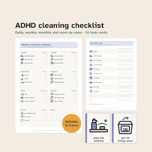 ADHD Cleaning Checklist, Printable Weekly Schedule, Declutter List and Task Cards, Editable in Canva