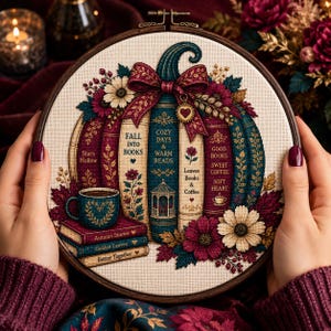 Autumn Book Stack Cross Stitch Pattern, Cozy Bookish Fall PDF