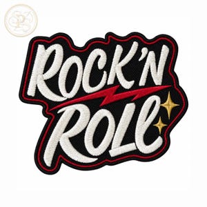 May include: An embroidered patch featuring the white text Rock'N Roll in a script font on a black background. A red lightning bolt separates the words, and two small gold four-pointed stars are positioned to the right of the text.