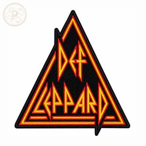May include: A triangular embroidered patch featuring a black background with a yellow and red border. The text DEF LEPPARD is stitched in yellow with red outlines in the center of the triangle, following the triangular shape of the patch.